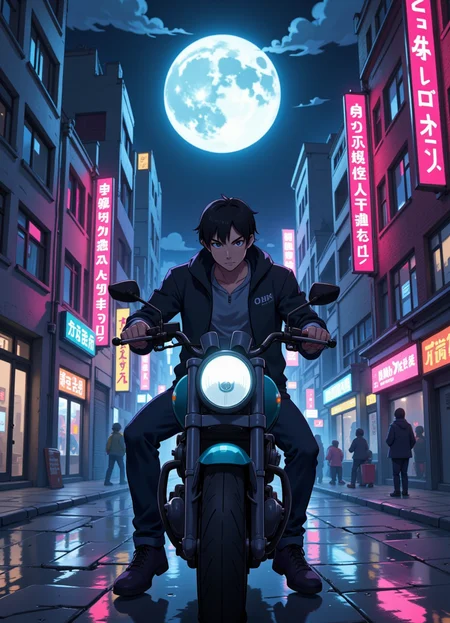 Flat colour anime style image showing a cyberpunk city viewed from street level, with buildings, at night, with a bright full moon, pink and blue neon lighting shines. side on view of a man sitting on a motorcyle facing towards the camera with a serious look on his face.