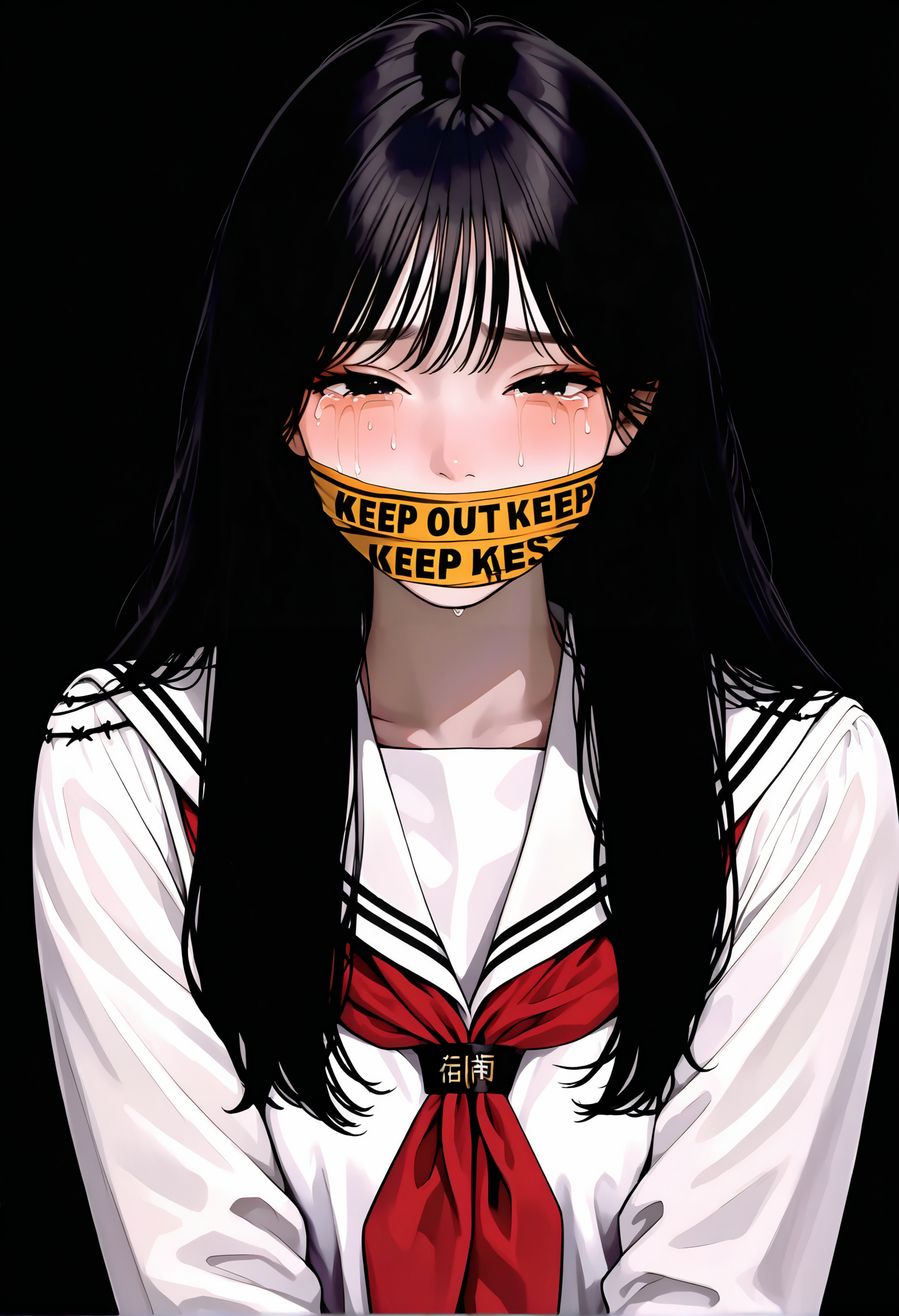 <lora:KoreanStyleSDXLvpred10:1>, aikoreanstyle, 1girl, black hair, long hair, red neckerchief, school uniform, tears, white sailor collar, crying with eyes open, white serafuku, white shirt, black eyes, black background, upper body, caution tape, blush, bound, chain, looking at viewer, simple background, long sleeves, hand up, barbed wire, half-closed eyes, keep out, covered mouth, masterpiece, best quality, year 2024, newest, highres, absurdres,