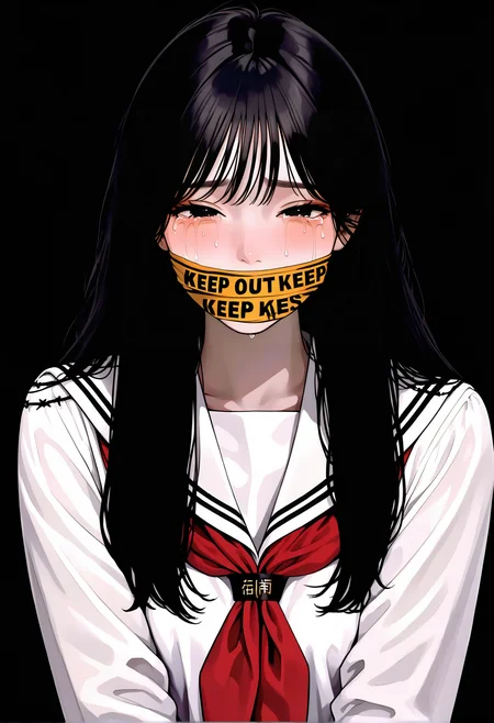 <lora:KoreanStyleSDXLvpred10:1>, aikoreanstyle, 1girl, black hair, long hair, red neckerchief, school uniform, tears, white sailor collar, crying with eyes open, white serafuku, white shirt, black eyes, black background, upper body, caution tape, blush, bound, chain, looking at viewer, simple background, long sleeves, hand up, barbed wire, half-closed eyes, keep out, covered mouth, masterpiece, best quality, year 2024, newest, highres, absurdres,