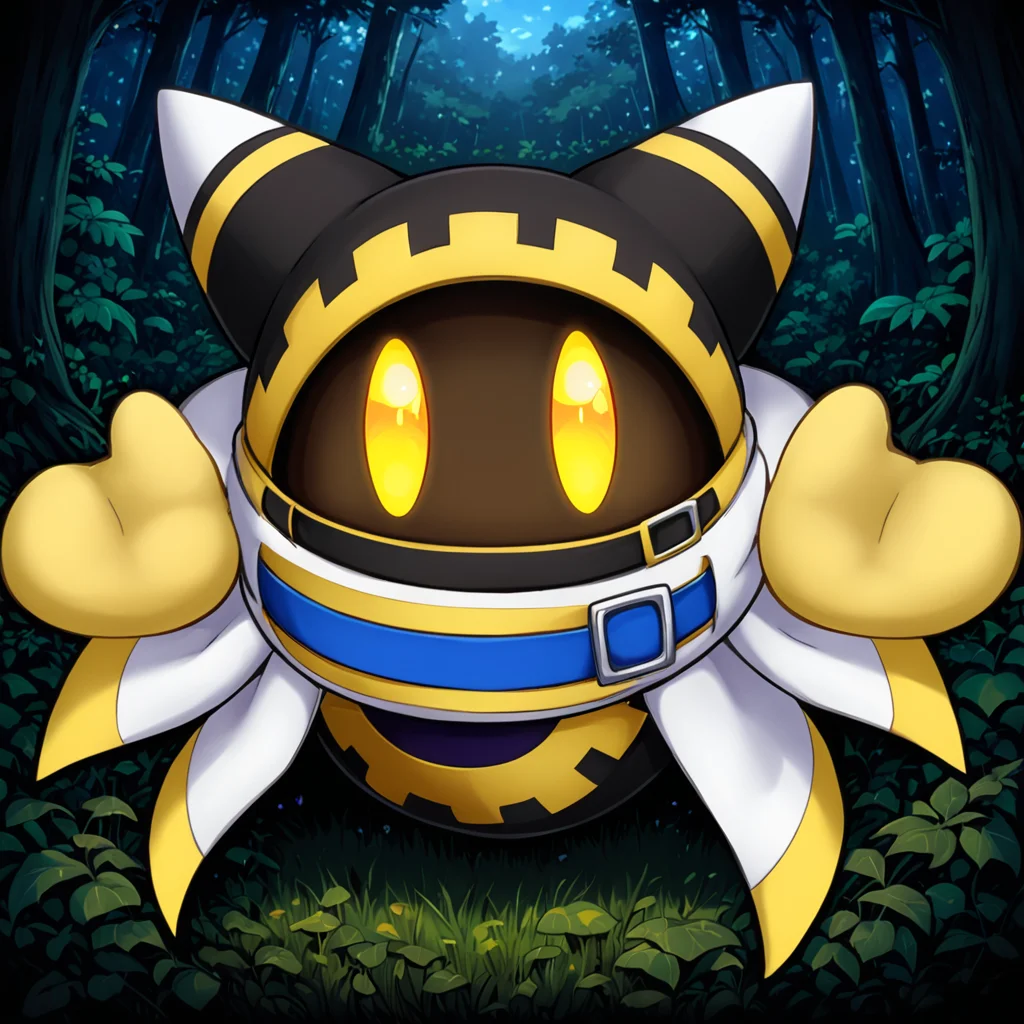 cute forest, <lora:Magolor:1> magolor, black outfit, solo, yellow eyes, no humans,belt, cape, glowing eyes, looking at viewer, glowing, buckle, (anime, masterpiece, intricate:1.3), (best quality, hires textures, high detail:1.2), (4k),(incredibly detailed:1.4),UHD, 8K, ultra detailedâââ