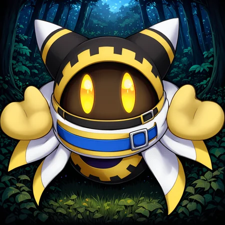 cute forest, <lora:Magolor:1> magolor, black outfit, solo, yellow eyes, no humans,belt, cape, glowing eyes, looking at viewer, glowing, buckle, (anime, masterpiece, intricate:1.3), (best quality, hires textures, high detail:1.2), (4k),(incredibly detailed:1.4),UHD, 8K, ultra detailedâââ