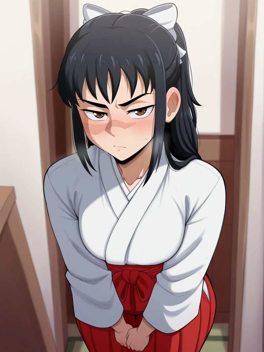 (masterpiece, amazing quality, best quality), <lora:blackwhiplash(bwl)-guy90-Illust-Lycorisv1:1>, blaash,
<lora:UtahimeIL:1>, iori utahime, 1girl, solo, long hair, black hair, ponytail, 
skirt, hakama, hakama skirt, red hakama, skirt, red skirt, long skirt, japanese clothes, miko, bow, ribbon, hair ribbon, brown boots, looking at viewer, 
scar, scar on face, scar on nose, brown eyes, 
standing,