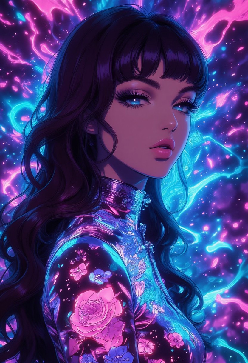 aidmaGlow, closeup side portrait of stunning oriental woman, long flowing hair, silk cheongsam, splashing, abstract ink splash, psychedelic, neon, abstract background, great lighting.