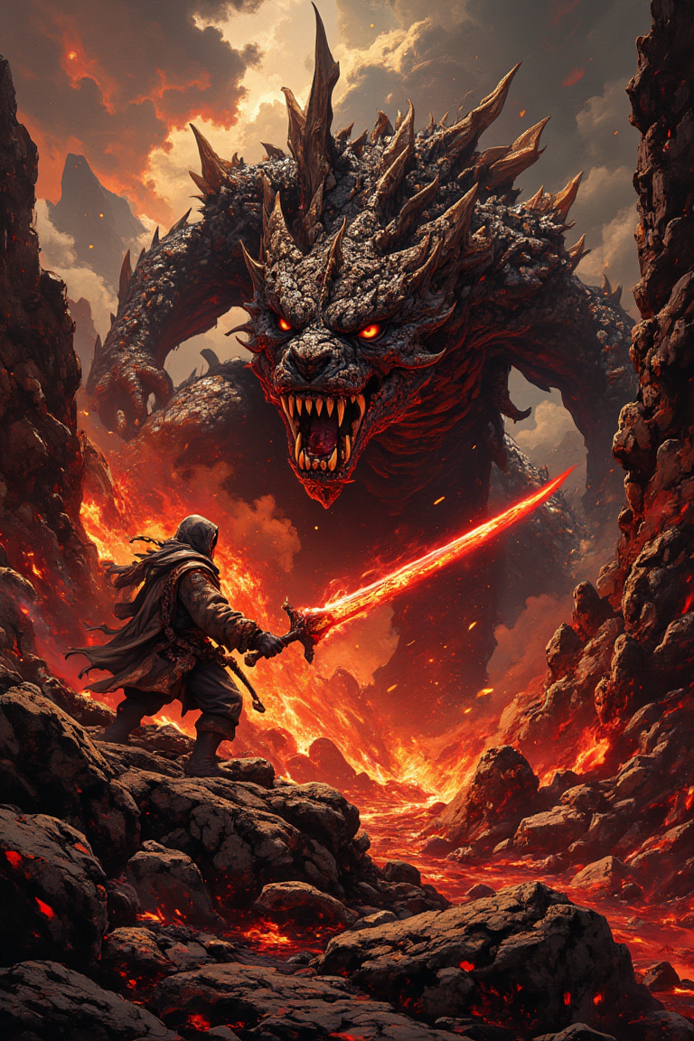 This image depicts a dramatic and fantastical scene featuring a menacing, colossal dragon facing off against a cloaked figure wielding a glowing red sword. The dragon is depicted with dark scales, fierce eyes, and sharp teeth, exuding an aura of immense power and aggression.

The setting appears to be a volcanic or hellish landscape, characterized by rocky terrain and a fiery atmosphere, suggesting intense heat and danger. The sky is filled with ominous clouds tinged with red hues from the surrounding flames and lava flows.

The overall tone of the image is one of epic confrontation and high fantasy, evoking themes of heroism, battle, and mythical creatures. The artwork showcases detailed textures and dynamic lighting that enhance the dramatic tension between the dragon and its opponent.