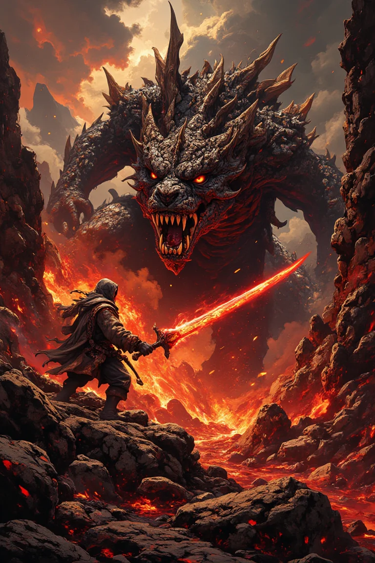 This image depicts a dramatic and fantastical scene featuring a menacing, colossal dragon facing off against a cloaked figure wielding a glowing red sword. The dragon is depicted with dark scales, fierce eyes, and sharp teeth, exuding an aura of immense power and aggression.
The setting appears to be a volcanic or hellish landscape, characterized by rocky terrain and a fiery atmosphere, suggesting intense heat and danger. The sky is filled with ominous clouds tinged with red hues from the surrounding flames and lava flows.
The overall tone of the image is one of epic confrontation and high fantasy, evoking themes of heroism, battle, and mythical creatures. The artwork showcases detailed textures and dynamic lighting that enhance the dramatic tension between the dragon and its opponent.