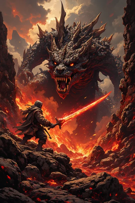 This image depicts a dramatic and fantastical scene featuring a menacing, colossal dragon facing off against a cloaked figure wielding a glowing red sword. The dragon is depicted with dark scales, fierce eyes, and sharp teeth, exuding an aura of immense power and aggression.
The setting appears to be a volcanic or hellish landscape, characterized by rocky terrain and a fiery atmosphere, suggesting intense heat and danger. The sky is filled with ominous clouds tinged with red hues from the surrounding flames and lava flows.
The overall tone of the image is one of epic confrontation and high fantasy, evoking themes of heroism, battle, and mythical creatures. The artwork showcases detailed textures and dynamic lighting that enhance the dramatic tension between the dragon and its opponent.