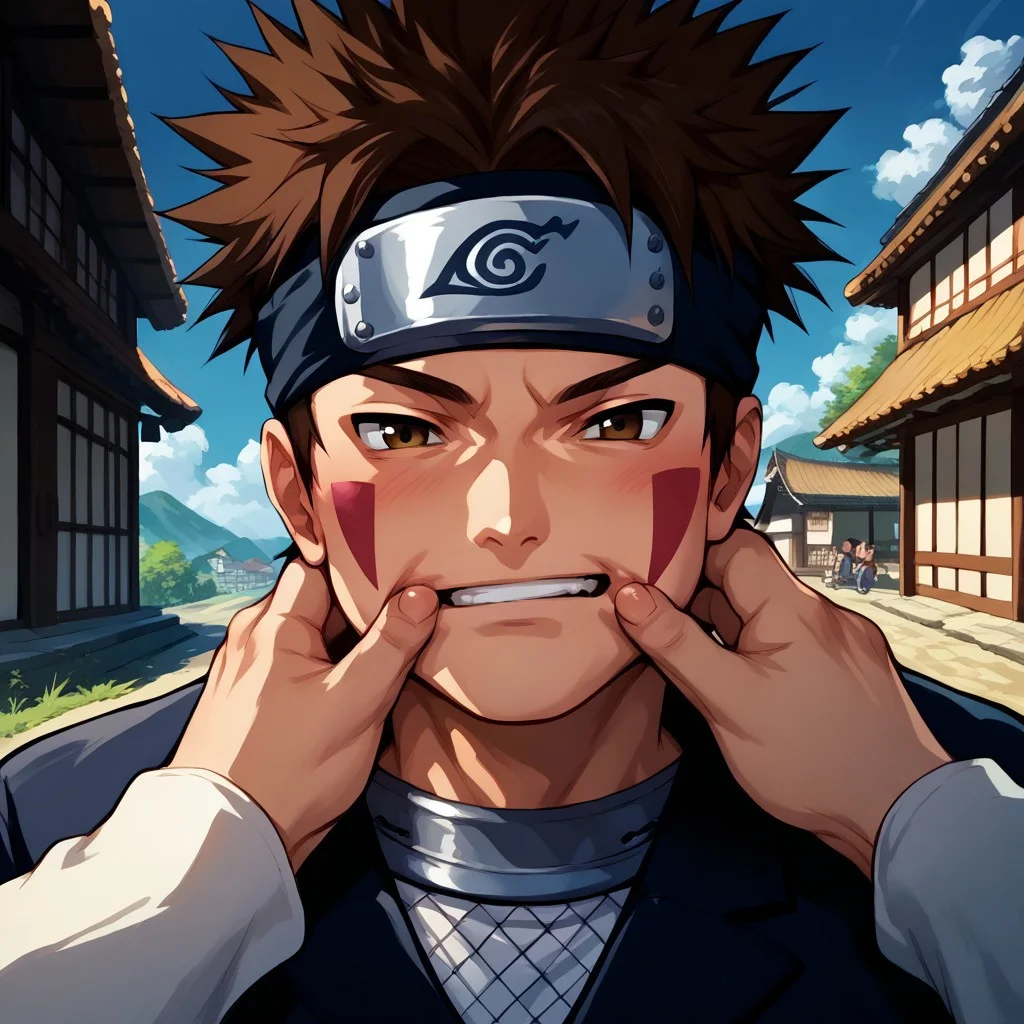 score_9, score_8_up, score_7_up, kiba, cheek pinching, pov hands, upper body, spiked hair, brown hair, forehead protector, outdoors, japanese village, male, source_anime