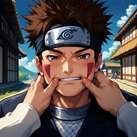 score_9, score_8_up, score_7_up, kiba, cheek pinching, pov hands, upper body, spiked hair, brown hair, forehead protector, outdoors, japanese village, male, source_anime