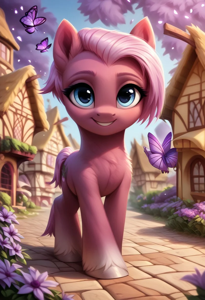 masterpiece, score_9, score_8_up, score_7_up, score_6_up, (best quality:1.1), ultra-detailed, high resolution, (SOLO), (1GIRL), (FEARL PONY), ((JASMINE LEAF)), ((detailed pink short hair)), (highly detailed pony face), (beautiful detailed blue eyes), (shy smile), (detailed purple fur:1.6), ((highly detailed ponyville background:1.5)), (purple flowers everywhere:1.5), (purple butterflies:1.5), (looking at viewer), (cute, adorable), (walking on a stone path), high quality, sharp, the quality of ai art is frightening, highly detailed, Highly Visible, sharp focus, high detail, detailed background,
