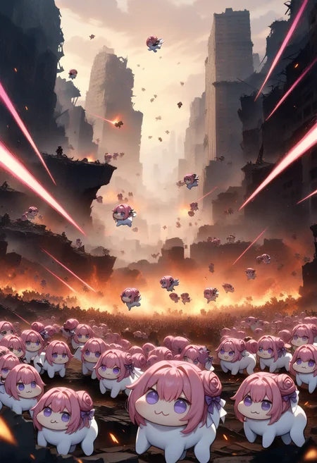 <lora:doro_xypher_amxl_v1:1> doro \:3, chibi, solid circle eyes, no pupils, no humans, white skin, all fours
, pink hair, purple eyes, single side bun, hair bow
, masterpiece, best quality, very aesthetic, absurdres
, outdoors, sky, clone, herd, running, city, ruins, embers, flying, laser, nude