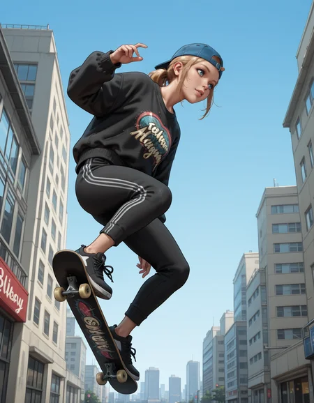 <lora:holly-forrester-illustrious-000013:0.7> holfor, backwards cap, fashion, streetwear,
1girl, solo, skateboarding, blue sky, city
best quality, great quality