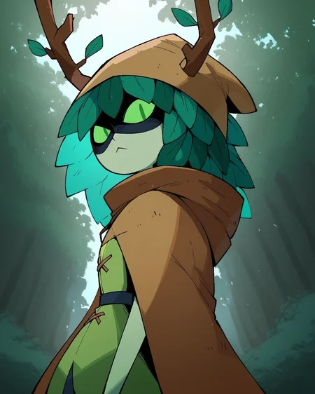 score_9, score_8_up, score_7_up, 1girl, huntress wizard, green hair, green skin, slit pupils, antlers, brown hood, brown cape, green tunic, brown glove, cloak, side view, looking at viewer, dynamic angle, outdoors, forest, nature,  <lora:HuntressWizard_PDXL:1>