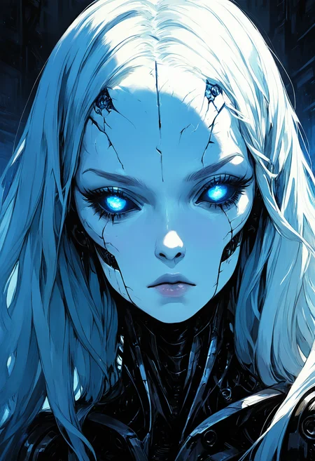 masterpiece, best quality, good quality, very awa, very aesthetic, absurdres, newest, 1girl, solo, long_hair, blue_eyes, closed_mouth, white_hair, eyelashes, lips, colored_skin, expressionless, glowing, portrait, glowing_eyes, close-up, science_fiction, white_skin, android, cyborg, mechanical_parts, cracked_skin, eye_focus, blue_sclera, metal_skin