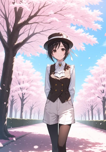 masterpiece, best quality, 1girl, solo, yuff7, short hair, black hair, kodona, collared shirt, hat bow, frills, long sleeves, boater hat, vest, shorts, petals, outdoors, arms behind back, brown eyes, ascot, pantyhose, cherry blossoms, tree, blue sky, scenery, looking at viewer, light smile, closed mouth