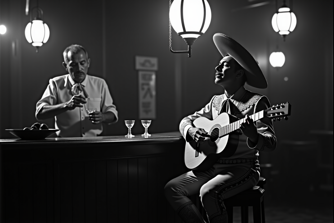 <lora:Mexican Noir Style-flux:1> mxnoirsty, black and white, dark,   Mariachi Lament in a Cantina (Kodak Tri-X 400 Film, Deep Contrast with Spotlight Effect)
A lone mariachi stands beneath a hanging lantern in a dimly lit cantina, his guitar resting on his knee. His traje de charro is impeccably embroidered, but dust from the long road clings to his polished boots. He sings a bolero about lost love, his deep voice filled with sorrow. The light casts dramatic shadows over his face, emphasizing the intensity of his expression. In the background, an old bartender polishes a glass, his gaze filled with knowing sympathy. The camera captures the raw emotion with a high-contrast noir aesthetic, every wrinkle and detail stark against the deep blacks and grays.