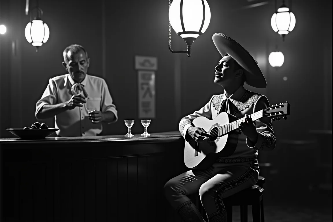 <lora:Mexican Noir Style-flux:1> mxnoirsty, black and white, dark,   Mariachi Lament in a Cantina (Kodak Tri-X 400 Film, Deep Contrast with Spotlight Effect)
A lone mariachi stands beneath a hanging lantern in a dimly lit cantina, his guitar resting on his knee. His traje de charro is impeccably embroidered, but dust from the long road clings to his polished boots. He sings a bolero about lost love, his deep voice filled with sorrow. The light casts dramatic shadows over his face, emphasizing the intensity of his expression. In the background, an old bartender polishes a glass, his gaze filled with knowing sympathy. The camera captures the raw emotion with a high-contrast noir aesthetic, every wrinkle and detail stark against the deep blacks and grays.