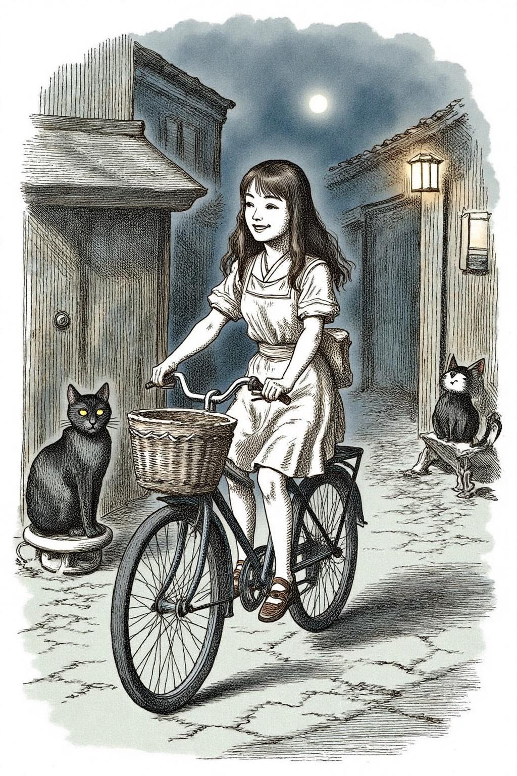 joten1 illustration.
A Japanese school girl riding a old style bicycle through a narrow, quiet street at night. The happy woman wears a simple, flowing dress. In the corner, a small black cat with piercing eyes sits watching her quietly.  <lora:joten1_cap_d6a3e12:1.0><lora:821779805541419709:0>