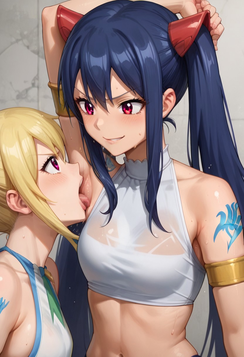 score_9,score_8_up,score_7_up,score_6_up,source_anime, studio lighting, masterpiece, high quality, anime screencap, ArmpitWorship, armpit licking, Lucy Heartfilia licks wendy marvell's armpit,
femdom, 1girl (wendy marvell, long hair, hair ornament, twintails, brown eyes, blue hair, bare shoulders, thong bikini, swimsuit, tattoo, armlet, shiny skin, skinny, small breast, evil smirk, skindentation, sweaty armpit, smelly armpit, dominatrix, mistress), 
BREAK
1girl (Lucy Heartfilia, blonde hair, long hair, white shirt, submissive, disgusted face),