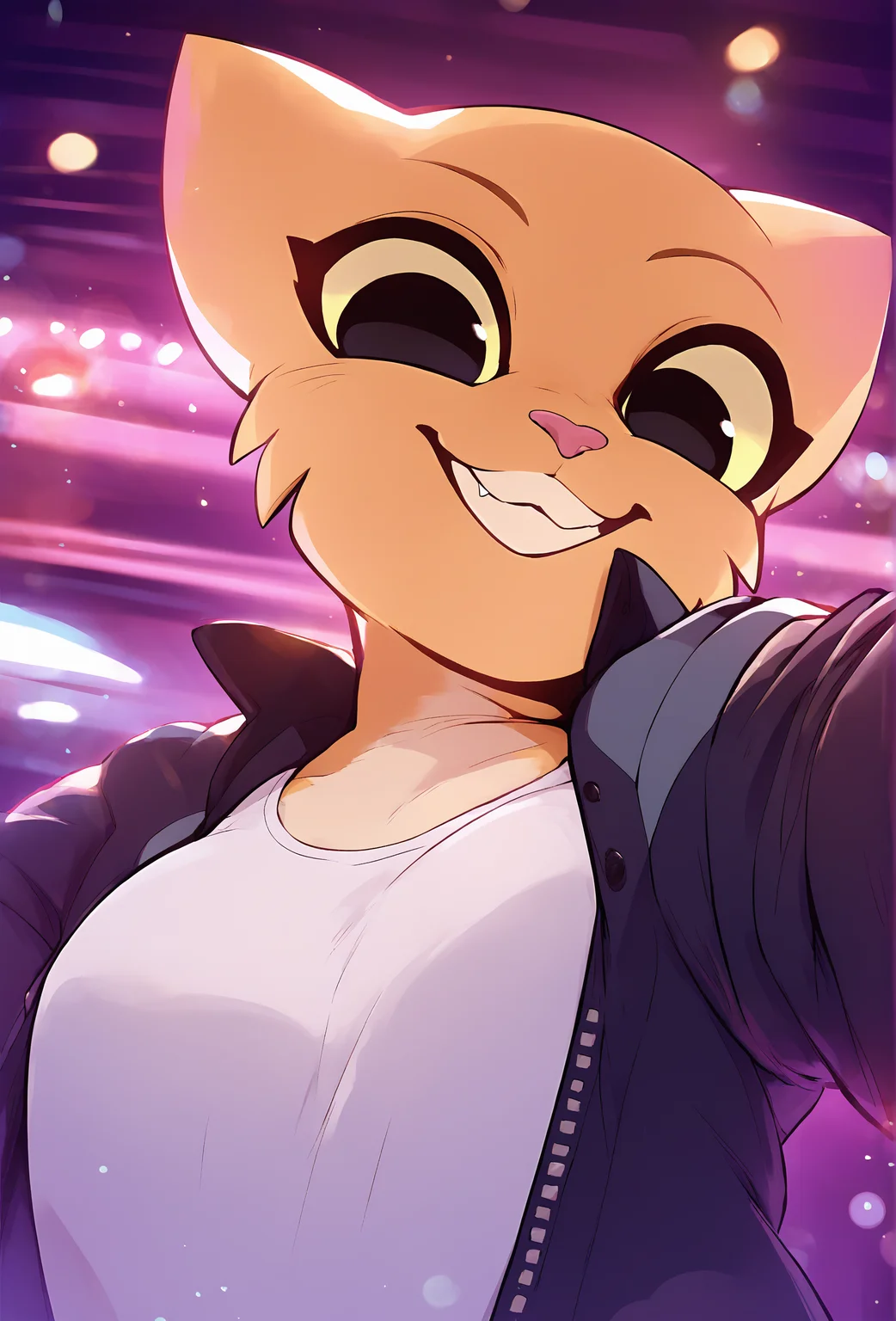 score_9, score_8_up, score_7_up, score_6_up, score_5_up, score_4_up, nightclub, bokeh, depth of field, BREAK
<lora:katia_managan_ponyXL_v1.2:1> 1girl, katia managan, furry, cat girl, black eyes, solid circle pupils, white shirt, jacket <lora:merunyaa_style_ponyxl_v1_unet:1> merustyle, from below, selfie, looking at viewer, smile, teeth, eye reflection