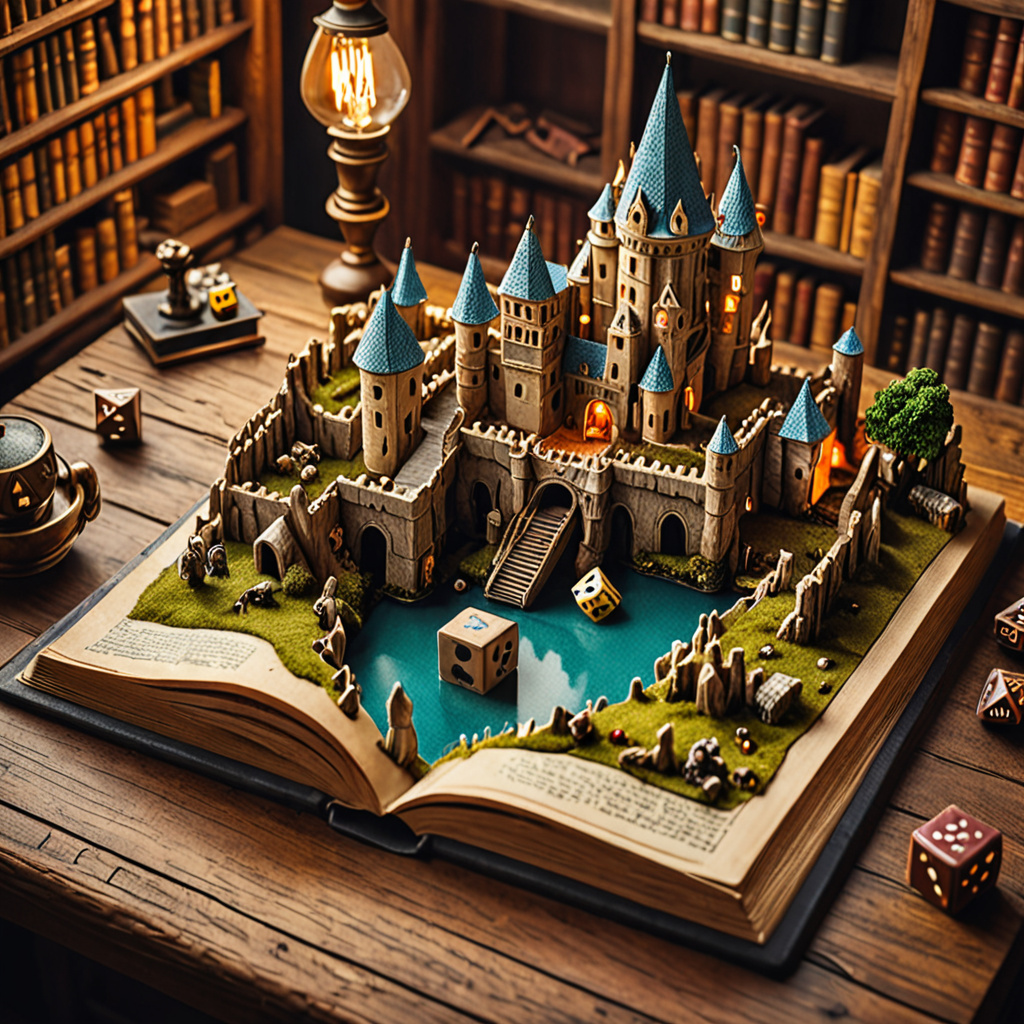 <lora:addMoreDetails:1> from above,  close-up view of a hollowed-out book, a miniature world inside, fantasy castle  ,  wooden desktop desk-lamp bookshelf  D&D-dice in the background,   Ultra details++ , add more details, cinematic grain, high quality, vivid colors