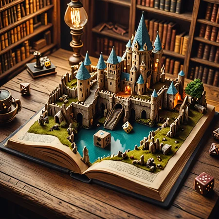 <lora:addMoreDetails:1> from above, close-up view of a hollowed-out book, a miniature world inside, fantasy castle , wooden desktop desk-lamp bookshelf D&D-dice in the background, Ultra details++ , add more details, cinematic grain, high quality, vivid colors