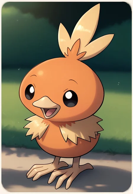 score_9, score_8_up, score_7_up, score_6_up, extremely detailed, torchicLora, pokemon (creature), solid black eyes, big head, tiny body, round head, chibi, super deformed, cute, smol bean, cowboy shot, happy, open mouth, looking around, solo, facing viewer, front view, the park, outdoors, daytime, bright lighting,