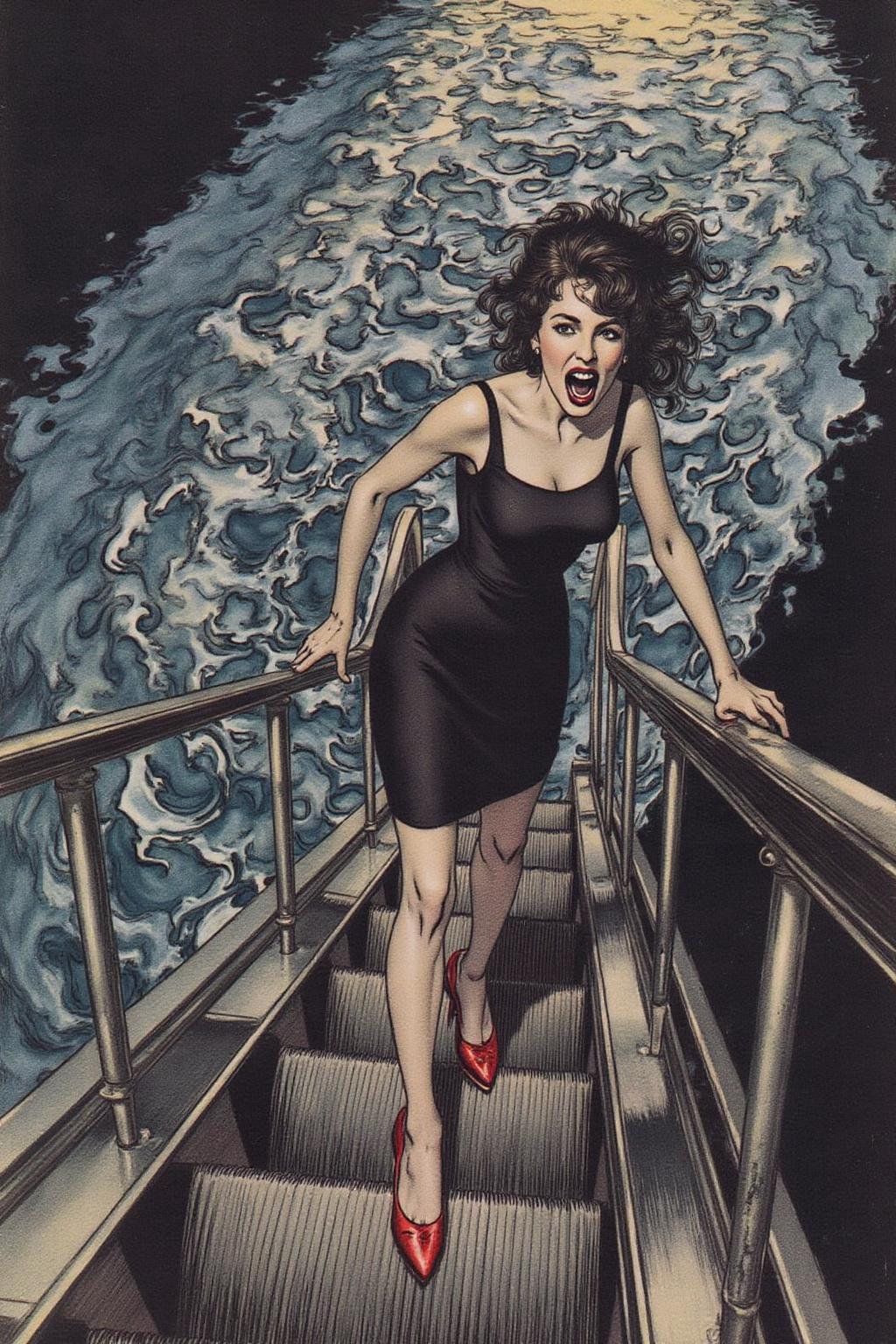 artrack1 illustration 
a woman in a chic little black dress and vibrant red high heels, gracefully descending an escalator. She wears black lipstick and is screaming. Her attire exudes elegance and sophistication, with the red heels providing a bold pop of color against the classic black dress. The escalator itself, typically found in a mall or airport, leads downwards into an unexpected and dreamlike destinationâ -- pool of rippling water. The water is blue and ripples as the escalator's steps disappear beneath the surface. The woman's posture is poised and confident, as she seems unperturbed by the unusual surroundings. The overall atmosphere is a blend of high fashion and surreal fantasy, capturing a moment that is both elegant and otherworldly, <lora:artrack1_nocap_d6a3:1.0><lora:812489151329919615:0>