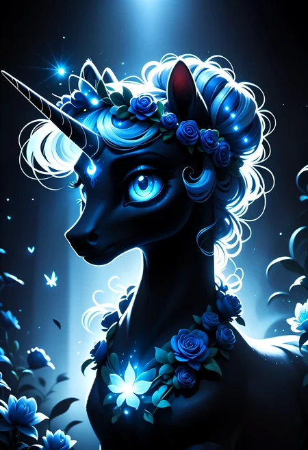score_9, score_8_up, score_7_up, score_6_up, score_5_up, score_4_up, magical mystical glowing iridescent unicorn, flower crown, moonlight gardens, dark shadows, glowing in the dark, bright colors, high contrast, dark background, vivid lighting, night garden
