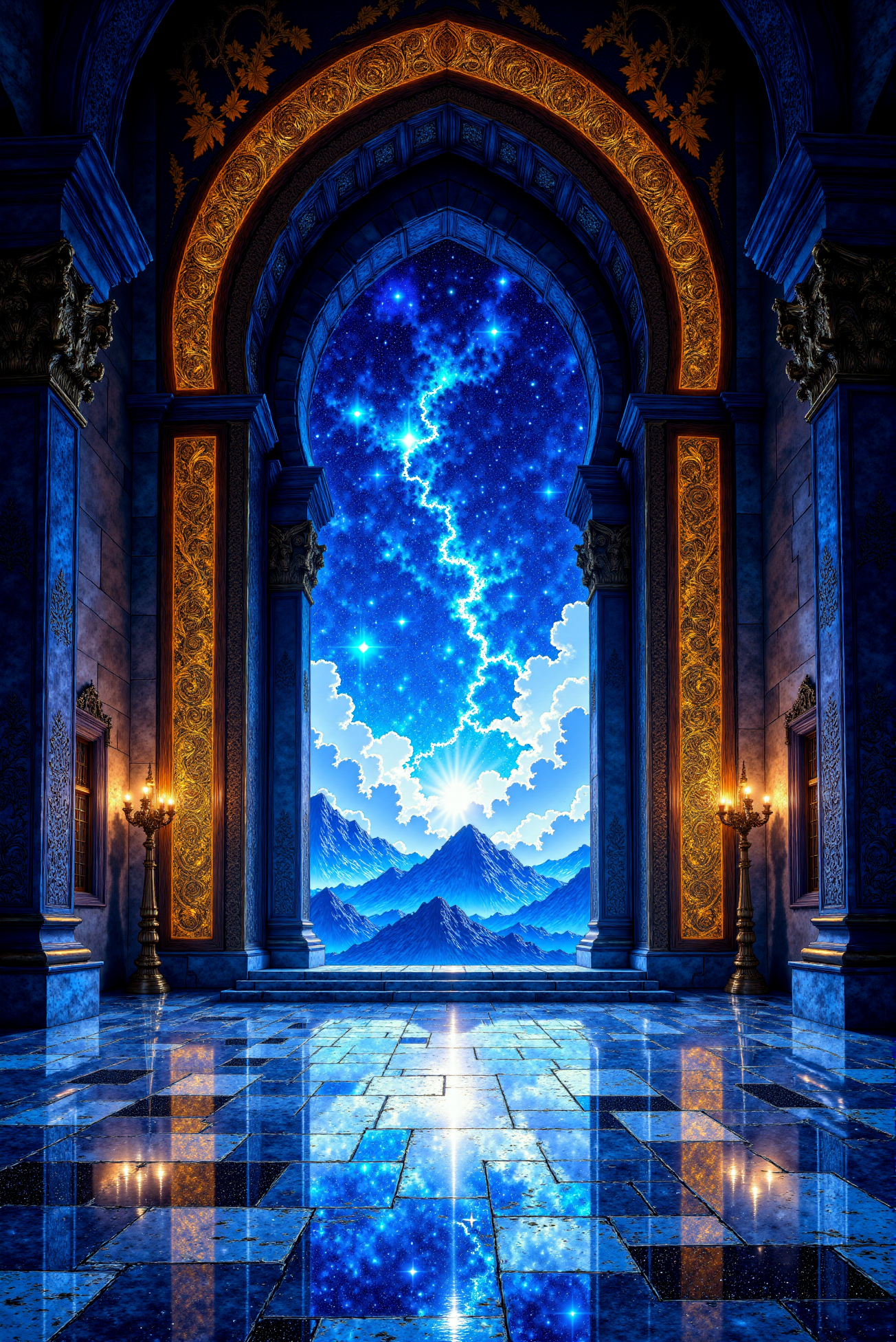 <lora:Vibrantly_Sharp_style_v.5:0.9>  Ornate Archway Overlooking the Cosmos. A grand arched gateway, adorned with intricate calligraphic carvings and inlaid with glowing golden filigree, opens into an awe-inspiring vista of a swirling cosmic nebula. The polished marble floors reflect the celestial spectacle, as if the universe itself has spilled into this sacred space. The deep sapphire hues of the sky contrast with the warm, ambient light radiating from the delicate gold embellishments that outline the arch. This fusion of Islamic architectural elegance and futuristic fantasy creates an atmosphere of both spiritual reverence and cosmic wonder. The image is rendered in ultra-high detail, utilizing dramatic lighting and reflections to amplify the depth and grandeur of this breathtaking composition.