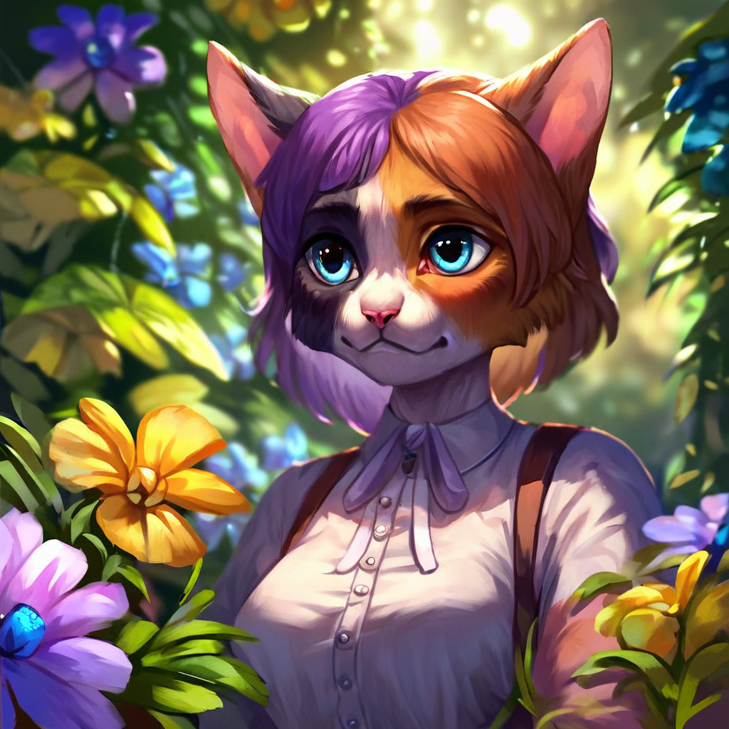 <lora:Biformis_Style_PonySDXL:0.8> by biformis, biformis,  score_9, score_8_up, score_7_up, score_6_up, score_5_up, score_4_up, source_furry, rating_safe, calico cat, purple hair, blue eyes, white body, clothed, clothing, detailed background, in a greenhouse, leaning on edge, female, breasts, rating_safe,