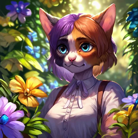 <lora:Biformis_Style_PonySDXL:0.8> by biformis, biformis,  score_9, score_8_up, score_7_up, score_6_up, score_5_up, score_4_up, source_furry, rating_safe, calico cat, purple hair, blue eyes, white body, clothed, clothing, detailed background, in a greenhouse, leaning on edge, female, breasts, rating_safe,