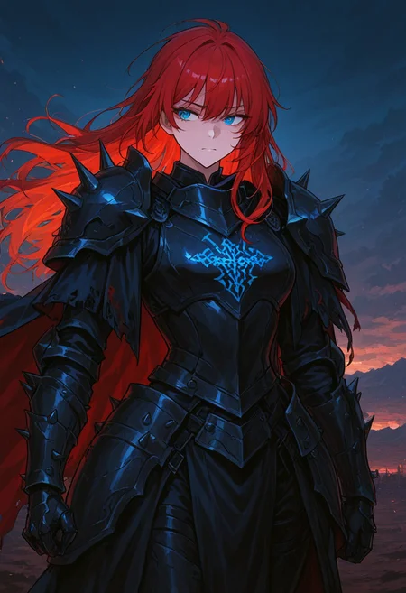 (masterpiece), (best quality), (ultra-detailed), amazing quality, very aesthetic, illustration, newest, upper body, colorful, vibrant, looking to the side, (oil painting:1.1), cinematic lighting, <lora:Avarice:1>, edgeofavarice, avarice, glowing blue runes, dark fantasy,
1girl, solo, cape, long sleeves, faulds, black and blue armor, spiked armor, spiked gauntlets, full_armor, large_breats, wide_hips, full_plate_armor, no helmet, two-colored hair black and blue, beautiful face, eyes, blue eyes,  black_armor, spiked_shoulders, clawed_gauntlets, cursed_emblem, segmented_faulds, tattered_cape, aura_of_dread, intimidating_presence, hellish_glow, massive_blade, battlefield_setting, heavy_armor, red hair