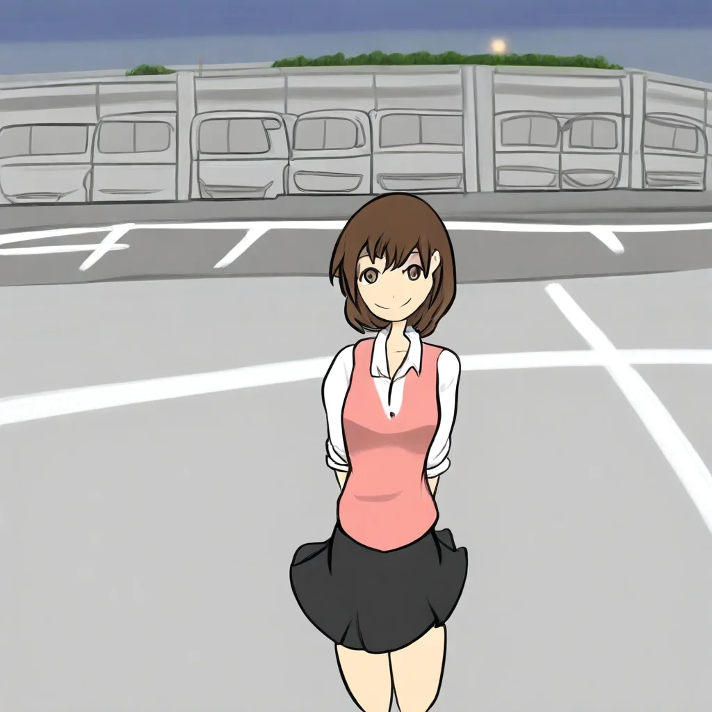 1girl, shirt, skirt, parking lot, smile