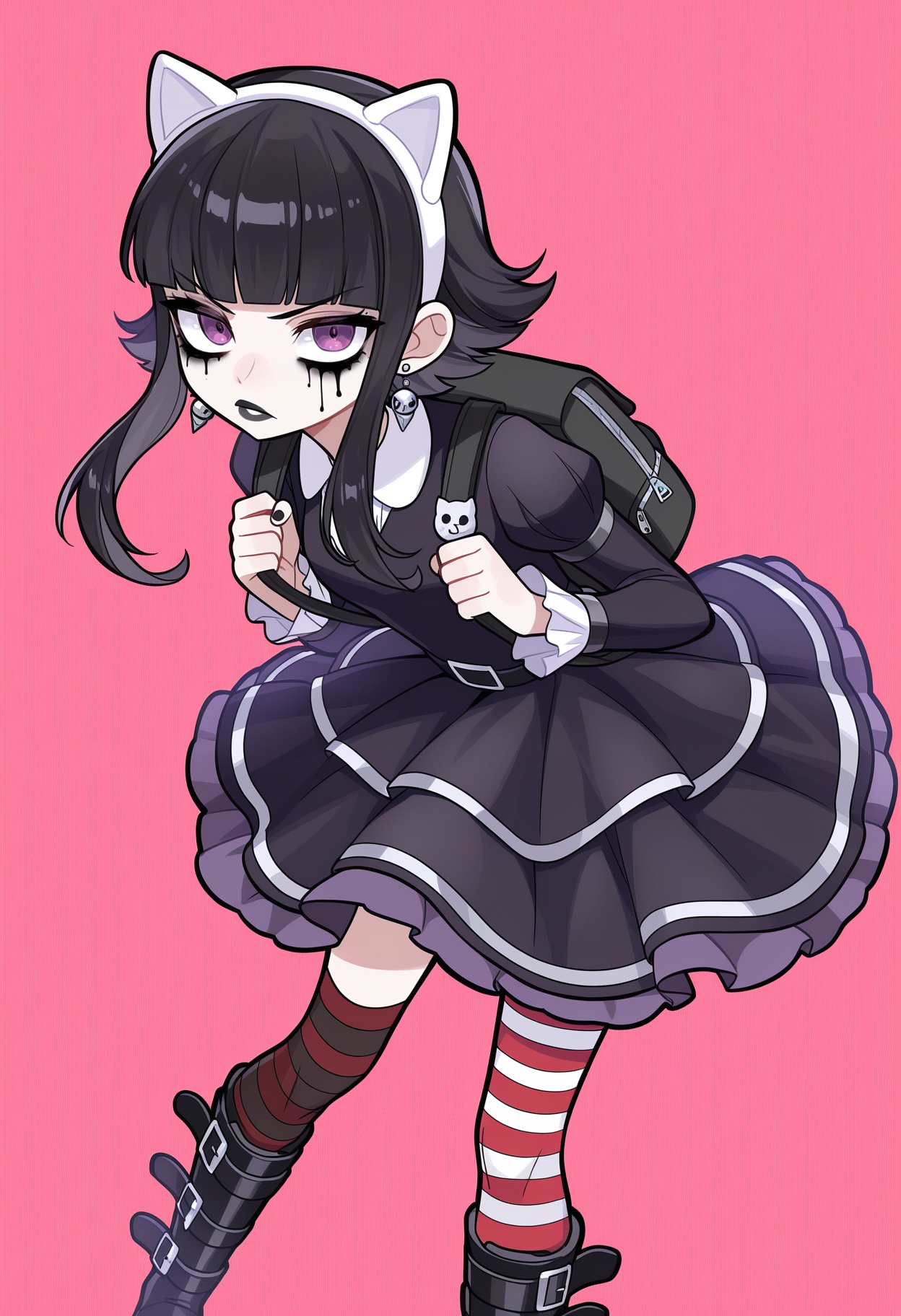 goth annie, blunt bangs,short running mascara, black lips, lipstick, hair with long locks, skirt, black hair, thighhighs, animal ears, purple eyes, earrings, boots, striped, red and white striped thighhighs, knee boots, boot straps, black dress, white hairband, black backpack, cat ears, bag, backpack,  single thighhigh,  asymmetrical legwear,
