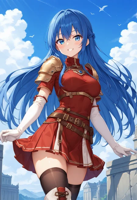 score_9, score_8_up, score_7_up, masterpiece, high quality, source_anime, 1girl, solo, cowboy shot, dutch angle, sky, smile, blush,
lilinafeh, blue eyes, blue hair, long hair,
turtleneck, red shirt, shoulder armor, pauldrons, breastplate, multiple belts, brown belt, white gloves, elbow gloves, red skirt, black thighhighs, white boots