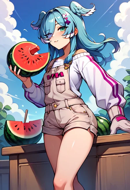 score_9, score_8_up, score_7_up, uncensored, source_anime, 1girl, <lora:speliraPendoraXLPony:1> elira1st, long sleeves, overalls, white sweater, off shoulder, single glove, one eye covered, overall shorts, melon, doily, food, fruit, melon