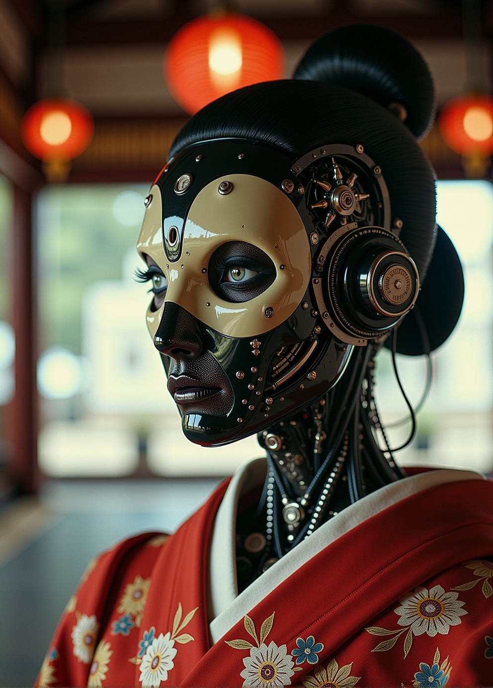 <lora:ck-Neurocore-Realistic-Cyborgs:1> woman Geisha is an android, the plastic cyborg mask is open, the mechanical parts of the robot are visible inside, the android is very sinister and dangerous, from the epic movie Ghost in Armor, erie japanese teahouse background, (style by George Shaw), shallow depth of field, vignette, (Fujicolor Superia X-TRA 400),