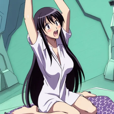 Kyouko Sonan , safe , sitting , breasts , arms up , night dress , smiling , mouth open , long hair , full-body , sexy legs