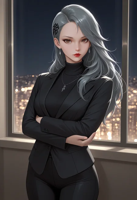 masterpiece, best quality, newest, realistic, solo, 1girl, saeni1jima, expressionless, looking at viewer, standing, crossed arms, red lips, long hair, grey hair, hair ornament, brown eyes, black jacket, suit jacket, long sleeves, black sweater, turtleneck sweater, black pants, earrings, necklace, indoors, glass, window, night, city lights
<segment:yolo-Anzhc Face seg 640 v3 y11n.pt,0.4,1//cid=11>