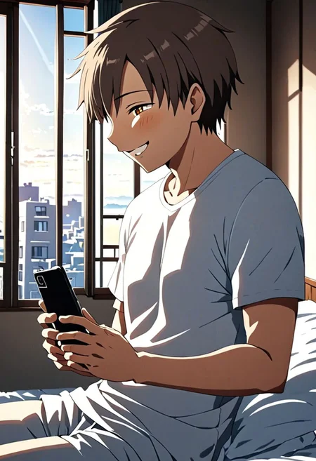 high resolution, solo, best quality, 1Boy, Takaki Toono, Brownish Hair, Brown Eyes, holding smartphone, t-shirt, on the bed, sunny day, window, smile, open eyes, side view, sit, nap, indoor, bed room, OverallDetail