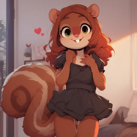 score_9, score_8_up, score_7_up, score_6_up, score_5_up, sourse_furry, furry, anthro, solo, squirrel girl, female, small breast, buckteeth, fluffy, fluffy tail, fur, hair, heart, looking at viewer, indoors, cute, cute dress, simple clothes, standing, tail,