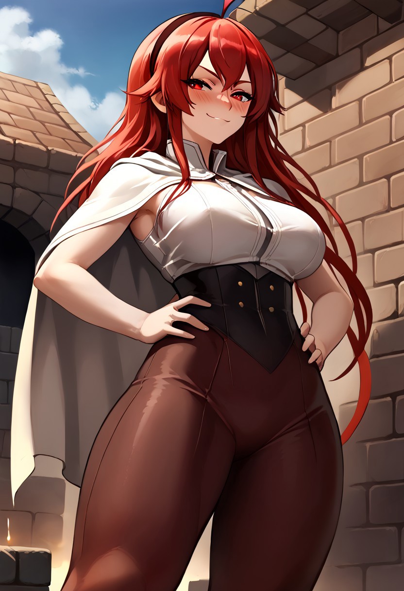 score_9, score_8_up, score_7_up, score_9, score_8_up, score_7_up,Masterpiece,HD,(((HD quality))), (((ultra quality))), hyper ultra detailed, hyper ultra quality,solo,mature female,
<lora:StS_PonyXL_Detail_Slider_v1.4_iteration_3:3>,
Background dungeon, bricks, filth on the walls, anime font,from below, looking at the viewer,indoors,
1girl, detailed, perfect arms, perfect face, perfect hands,alone ,blushed, very blushed,
BREAK
breasts perky,curvy, waist, slim,  perfect anatomy, height, tall,perfect body, 
BREAK
<lora:parisa-eris:0.6>, eris, red eyes, red hair, long hair, ahoge, hairband, white cape, white shirt, brown leggings, hands on hips, smug, outdoors,