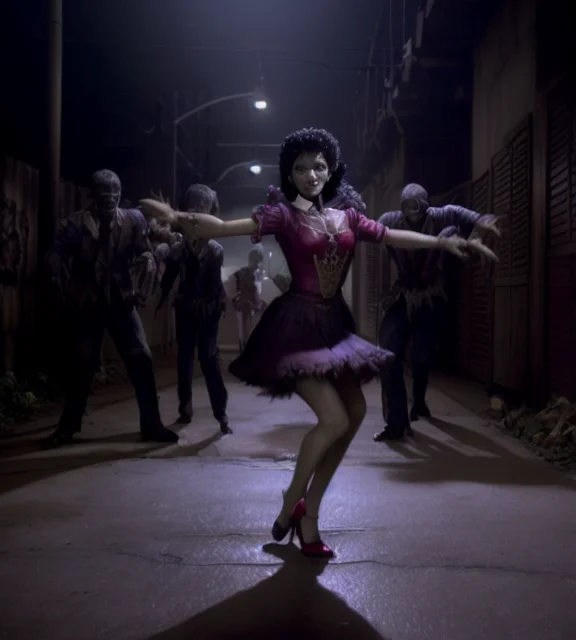 mjthriller portrait of beautiful girl dancing with zombies in a dark alley, intricate detail, detailed face, very sharp, high quality, (still from an action movie)  <lora:hjmjthriller_v10:0.9>