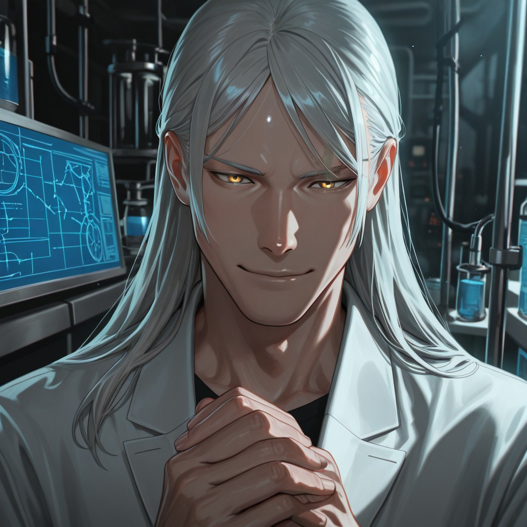 masterpiece, best quality, amazing quality, absurdres, newest, detailed background, definition so sharp, Ultra-HD, 8K cinematic, very awa, impressionate, amazing quality, highres, 
solo, male focus, manly, shadow, shiny skin, mature male, extream close-up, soft coloring,
mitsuhisahachiya, mitsuhisa_grey hair, mitsuhisa_yellow eyes, 1boy, long hair, scar across eyebrow, innovator, scientist, inventor, laboratory, blueprint, futuristic_technology, hopeful_expression, inspiring, visionary, smart_casual, clean_lines, bright_lighting, warm_smile, helping_hand