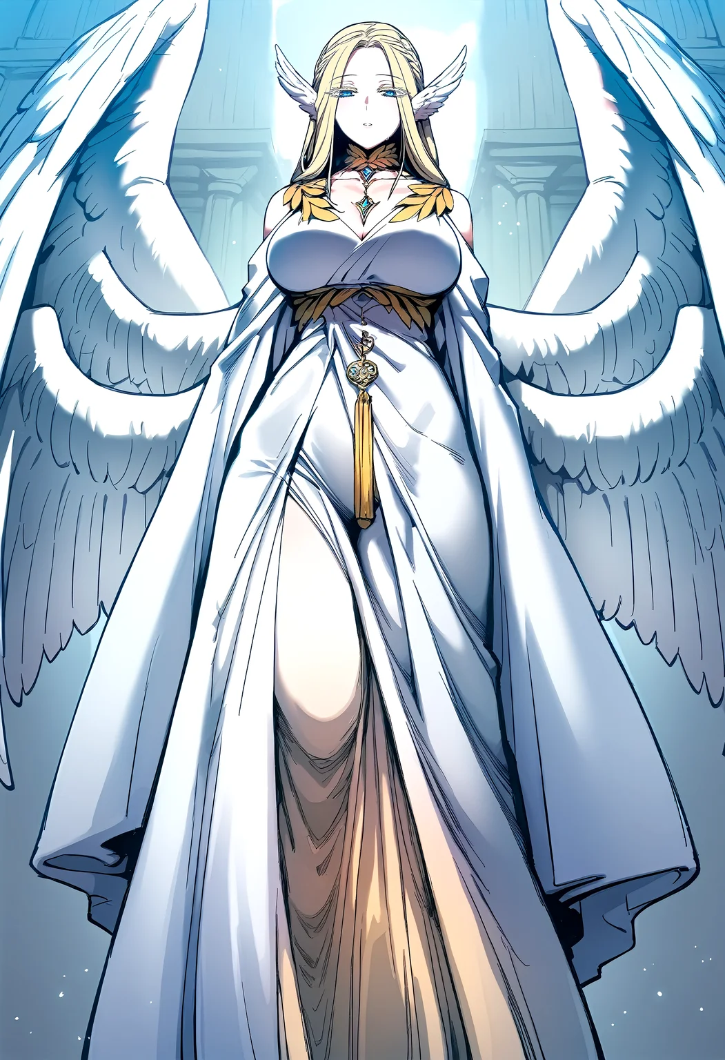 score_9, score_8_up, score_7_up, score_6_up, source_anime, rating_explicit, <lora:neg4all_bdsqlsz_V3.5:2.0>1girl, (solo:1.2), huge breasts, <lora:mercedesponyxl:1>blonde hair, long hair, angel wings, blue eyes, head wings, feathered wings, white wings, braid, colored eyelashes, multiple wings, expressionless, parted lips, white dress, jewelry, necklace, cleavage, Narrow shoulders, heavy breathing, sweat, steaming body, Temple, indoor, looking at viewer, from below, full body, (flying:1.2)