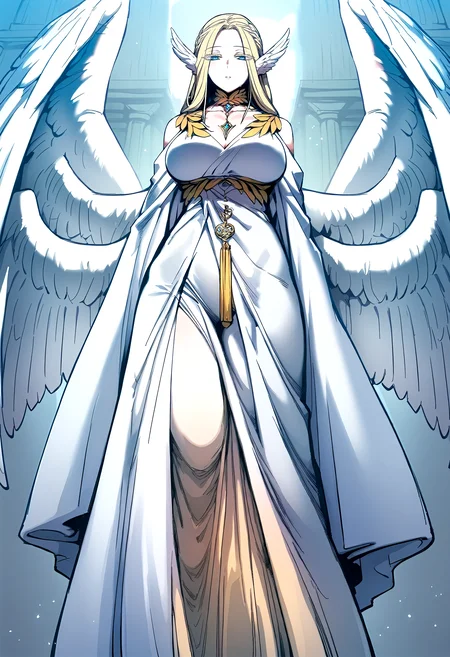 score_9, score_8_up, score_7_up, score_6_up, source_anime, rating_explicit, <lora:neg4all_bdsqlsz_V3.5:2.0>1girl, (solo:1.2), huge breasts, <lora:mercedesponyxl:1>blonde hair, long hair, angel wings, blue eyes, head wings, feathered wings, white wings, braid, colored eyelashes, multiple wings, expressionless, parted lips, white dress, jewelry, necklace, cleavage, Narrow shoulders, heavy breathing, sweat, steaming body, Temple, indoor, looking at viewer, from below, full body, (flying:1.2)