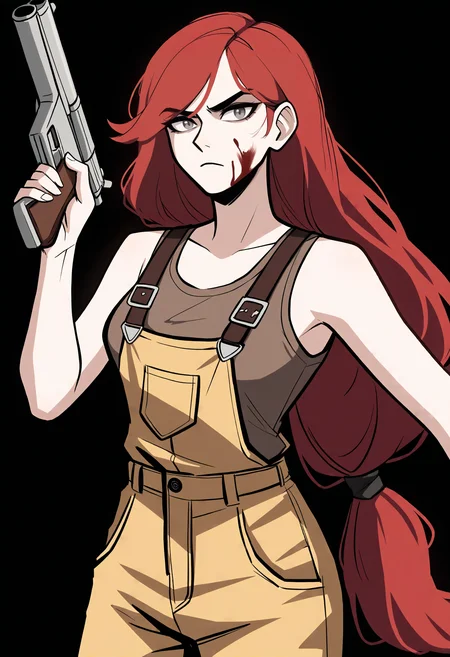 score_9, score_8_up, score_7_up, score_6_up, score_5_up, score_4_up,
BREAK
1girl, abella funger, red hair, grey eyes, low-tied long hair, long hair, hair ribbon, tied hair, swept bangs, serious, blood on face,
BREAK
solo, standing, yellow overalls, brown tank top, holding shotgun,
BREAK
black background, simple background, dynamic pose, dark, <lora:Lunas-Abella-Funger-SDXL-A1:1> <lora:Lunas-Roresu-SDXL-A1:1>
