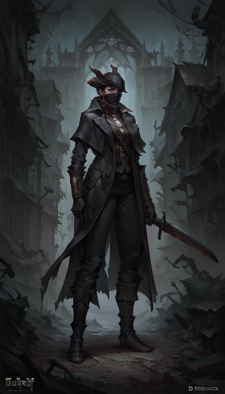 score_9, score_8_up, score_7_up, 1girl,  full body shot, dynamic pose,  holding sword, dark alley, church, detailed background
 leather coat, long coat, leather pants, , hunter gloves, hunter trausers, hunter hat, facemask
 <lora:Bloodborne_Hunter_set:0.8>, 
 <lora:GwentStyle_v2:0.6> gwentstyle
 <lora:Concept Art DarkSide Style LoRA_Pony XL v6:0.6> concept art, realistic, dark theme, low light,