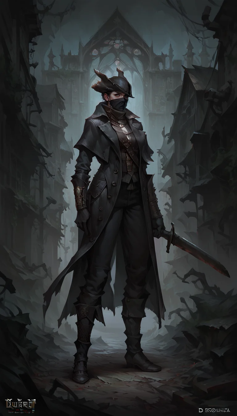 score_9, score_8_up, score_7_up, 1girl, full body shot, dynamic pose, holding sword, dark alley, church, detailed background
leather coat, long coat, leather pants, , hunter gloves, hunter trausers, hunter hat, facemask
<lora:Bloodborne_Hunter_set:0.8>,
<lora:GwentStyle_v2:0.6> gwentstyle
<lora:Concept Art DarkSide Style LoRA_Pony XL v6:0.6> concept art, realistic, dark theme, low light,