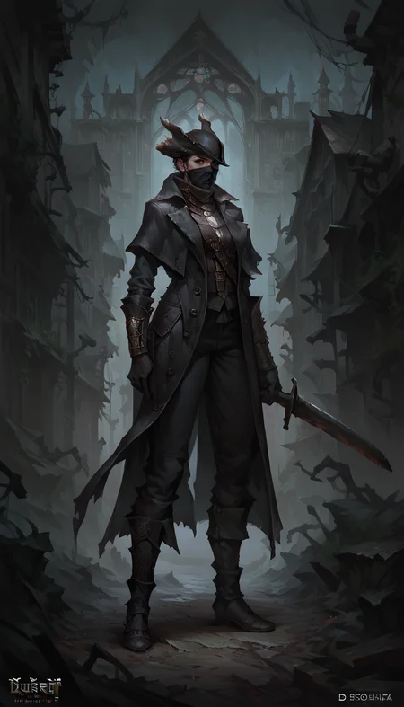 score_9, score_8_up, score_7_up, 1girl,  full body shot, dynamic pose,  holding sword, dark alley, church, detailed background
 leather coat, long coat, leather pants, , hunter gloves, hunter trausers, hunter hat, facemask
 <lora:Bloodborne_Hunter_set:0.8>, 
 <lora:GwentStyle_v2:0.6> gwentstyle
 <lora:Concept Art DarkSide Style LoRA_Pony XL v6:0.6> concept art, realistic, dark theme, low light,